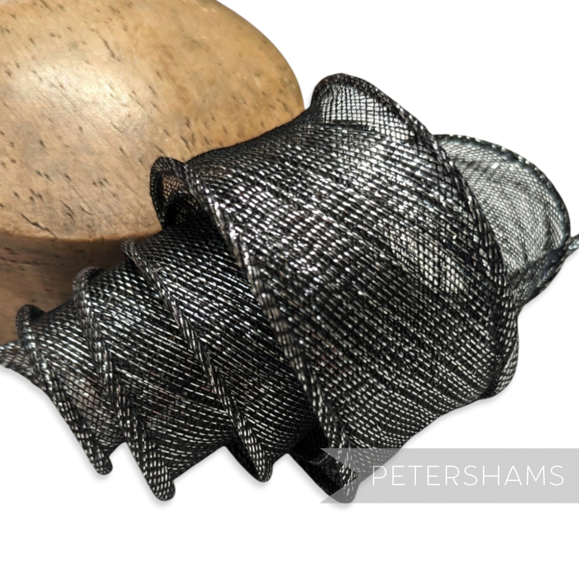 Petershams Millinery Supplies black metallic lurex sinamay ribbon trim with hand-rolled edges for hat making.