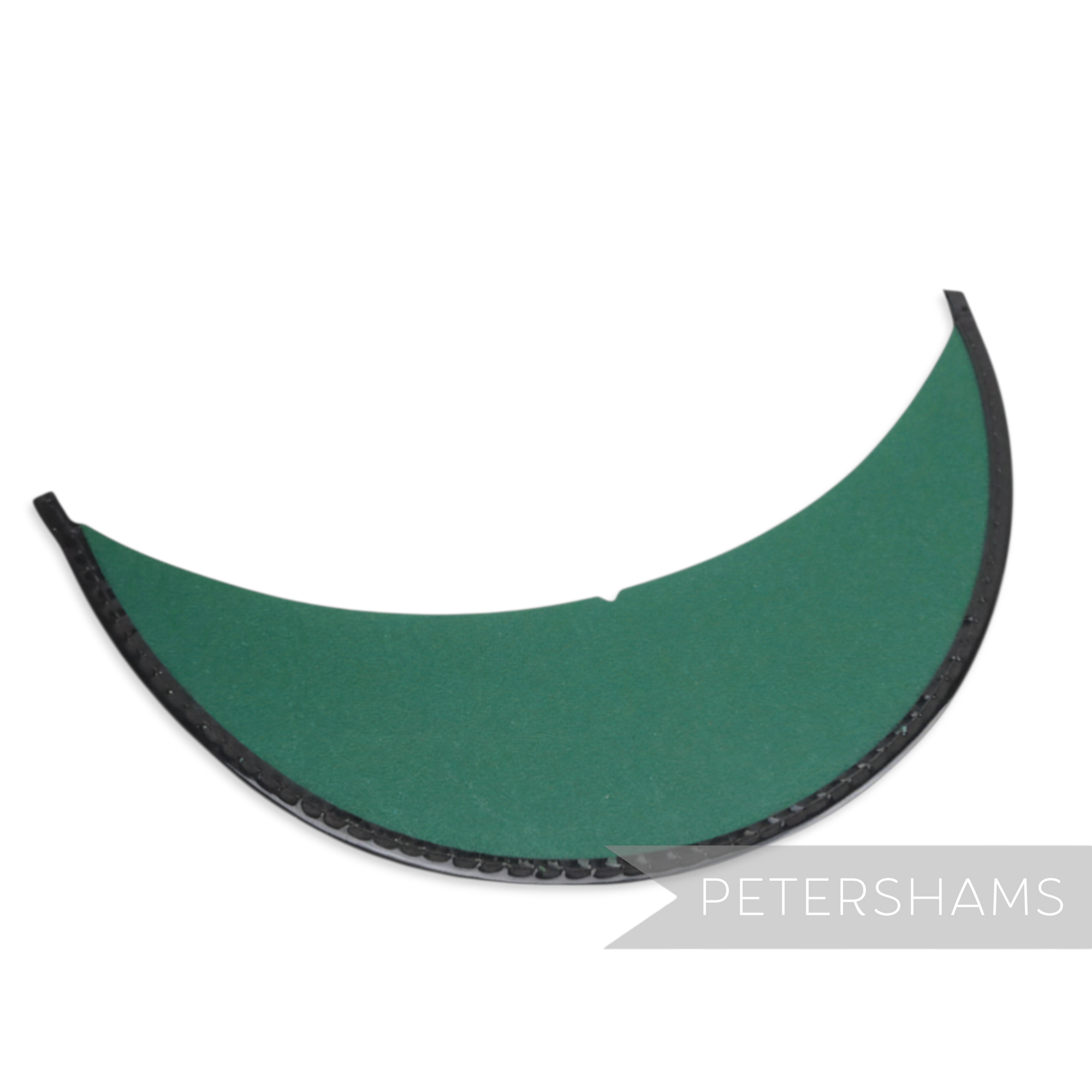 Petershams black patent leather cap peak with pine green underside and patent tape trim. Features centre notch for sewing.