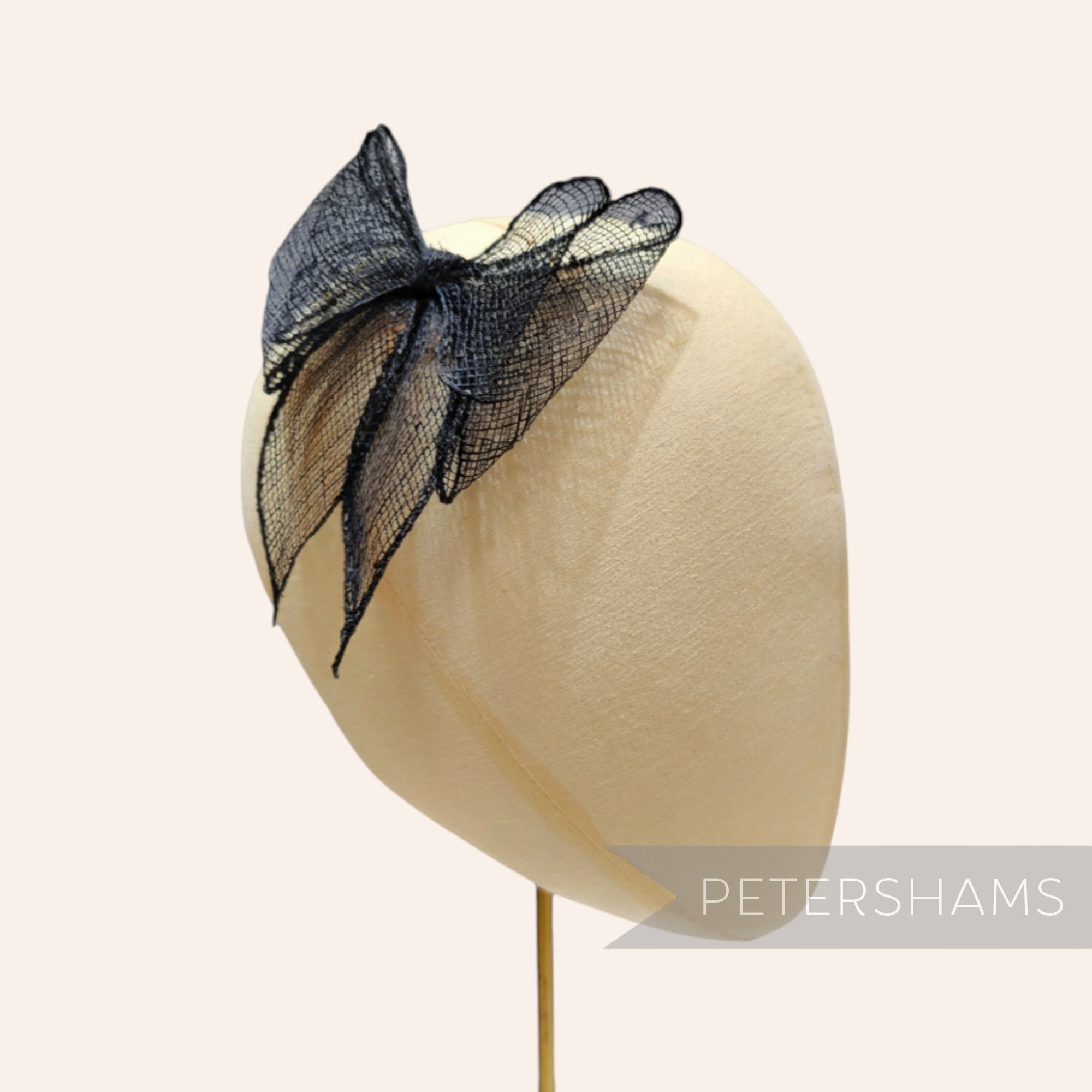 Petershams Millinery Supplies black sinamay double bow trim, 11cm wide, hand-rolled with a sheer, rigid weave.