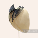 Petershams Millinery Supplies black sinamay double bow trim, 11cm wide, hand-rolled with a sheer, rigid weave.