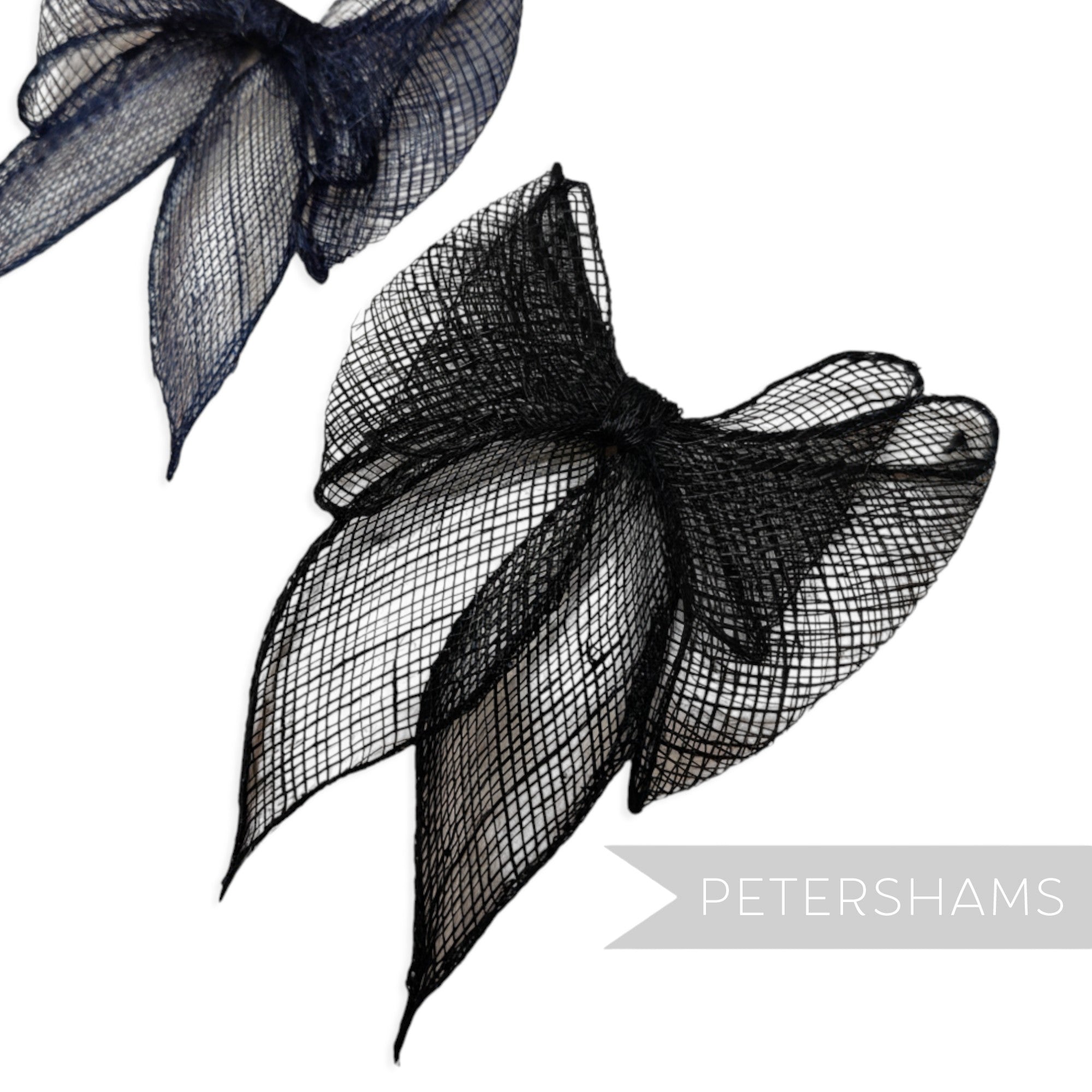 Petershams Millinery Supplies black double sinamay bow trim, 11cm wide, hand-rolled with a sheer, rigid weave.