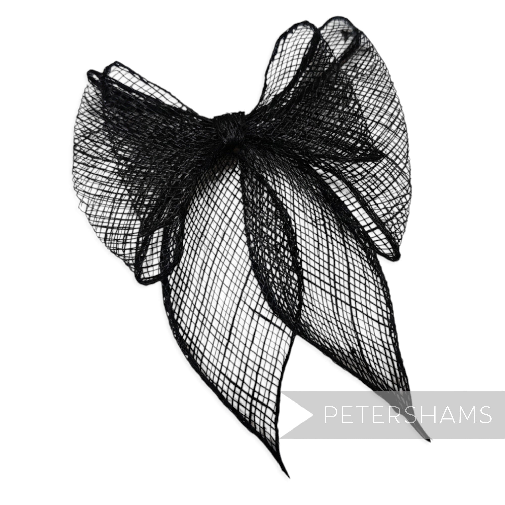 Petershams Millinery Supplies black double sinamay bow trim, 11cm wide, hand-rolled with a sheer, rigid weave.