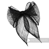 Petershams Millinery Supplies black double sinamay bow trim, 11cm wide, hand-rolled with a sheer, rigid weave.