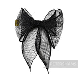 Petershams Millinery Supplies black sinamay double bow trim, 11cm wide, hand-rolled and handwoven.