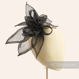 Petershams Millinery Supplies black sinamay layered flower hat mount with loops and leaves.