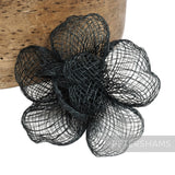 Petershams Millinery Supplies black sinamay flower hat mount with crimped petals, 9-10cm width.