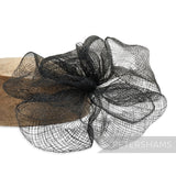 Petershams black sinamay frilly flower millinery mount, 20cm wide, with wired stem for shaping.