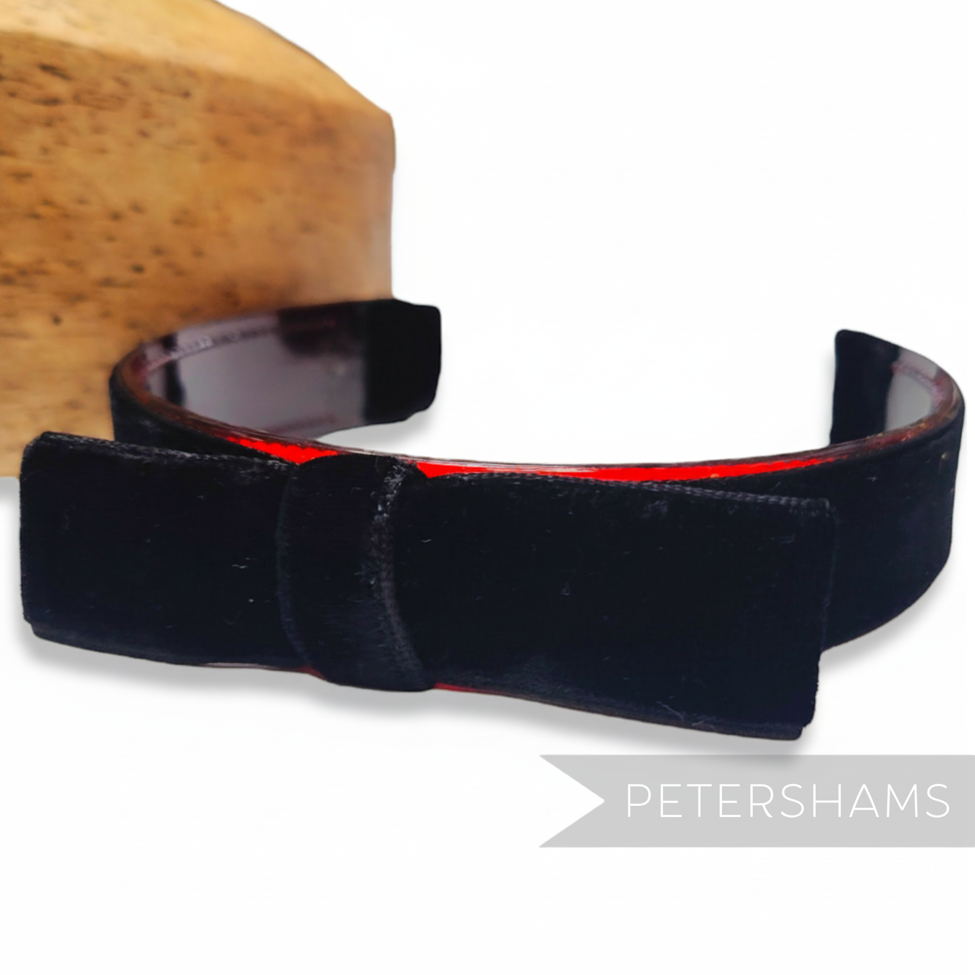 Petershams Millinery Supplies black velvet headband with bow detail and red lining, 25mm wide, vintage 1960s style.