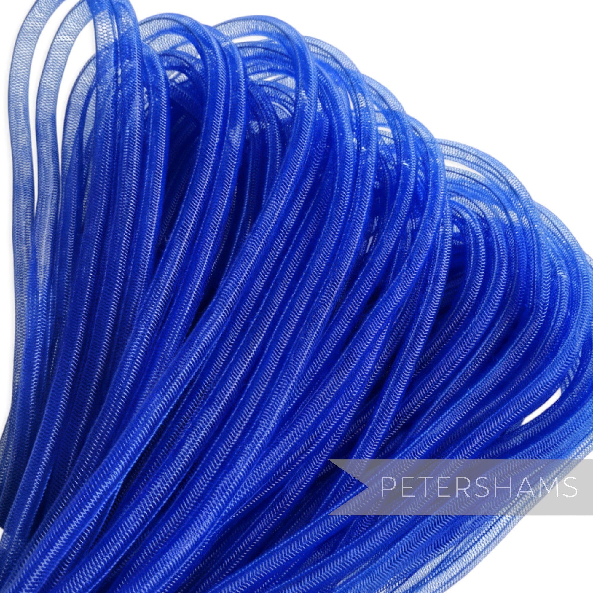 Petershams blue 6mm tube millinery crin, a slightly sheer mesh trim for hat making and embellishments.