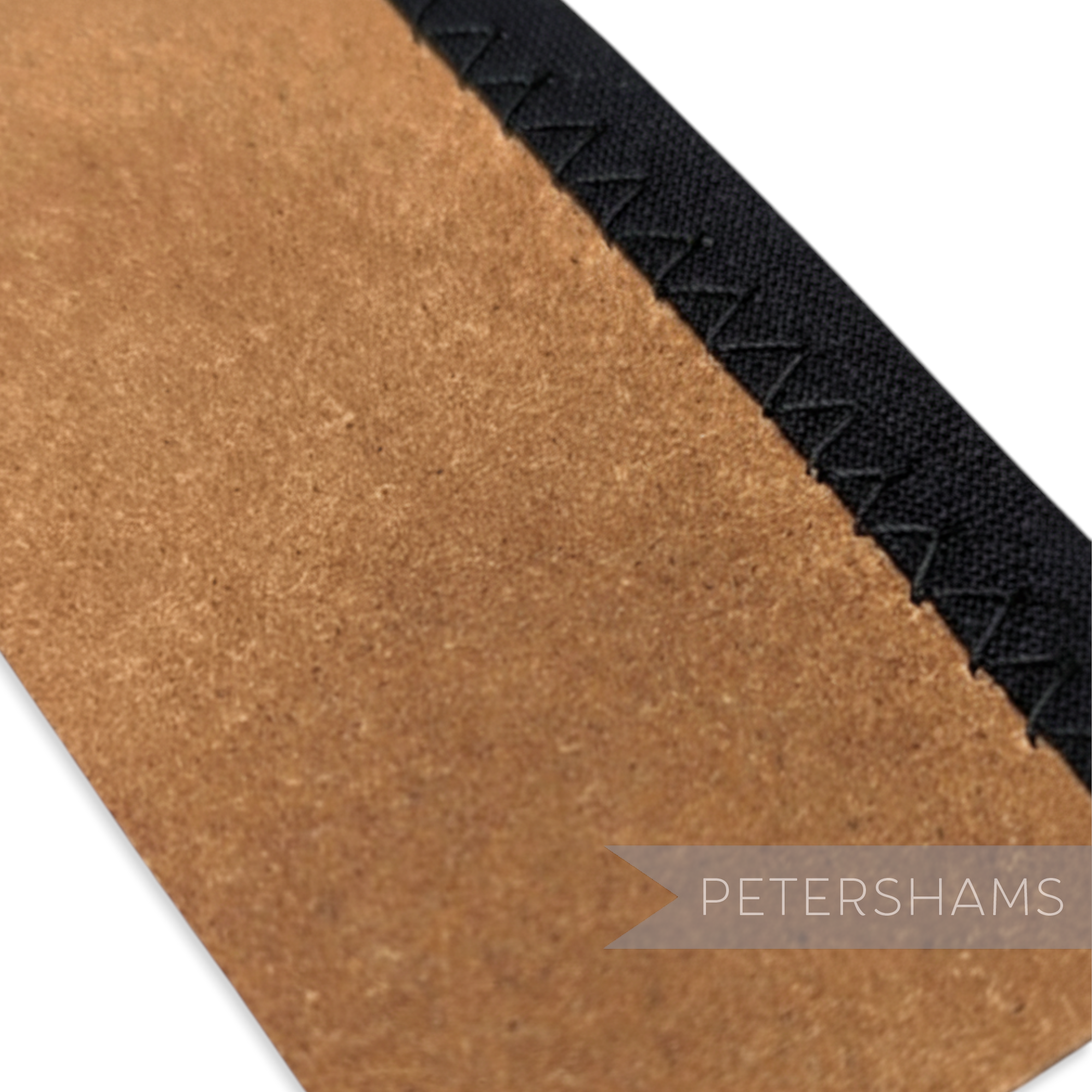 Petershams Millinery Supplies bonded leather hat band in tan with black stitching. Available in 4.5cm or 3cm widths.