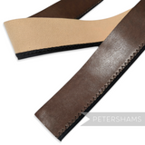 Petershams Millinery Supplies brown bonded leather hat band with beige lining and black stitching.