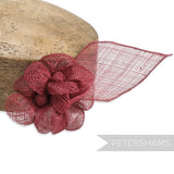 Petershams Millinery Supplies burgundy sinamay triple flower hat mount with leaf backing.