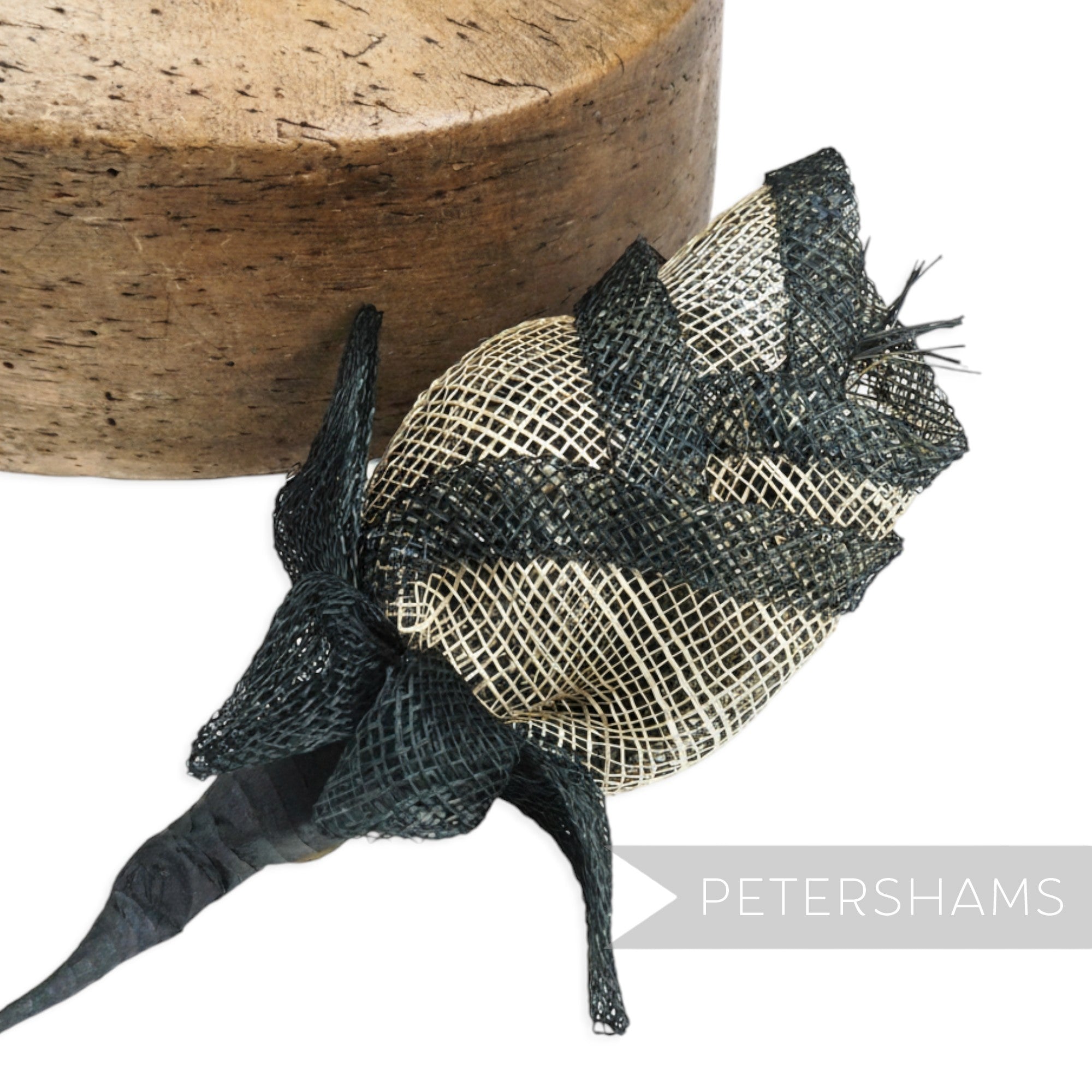 Petershams Millinery Supplies Clara rosebud sinamay flower stem with black edge petals and leaves. 7cm wide.