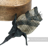 Petershams Millinery Supplies Clara rosebud sinamay flower stem with black edge petals and leaves. 7cm wide.
