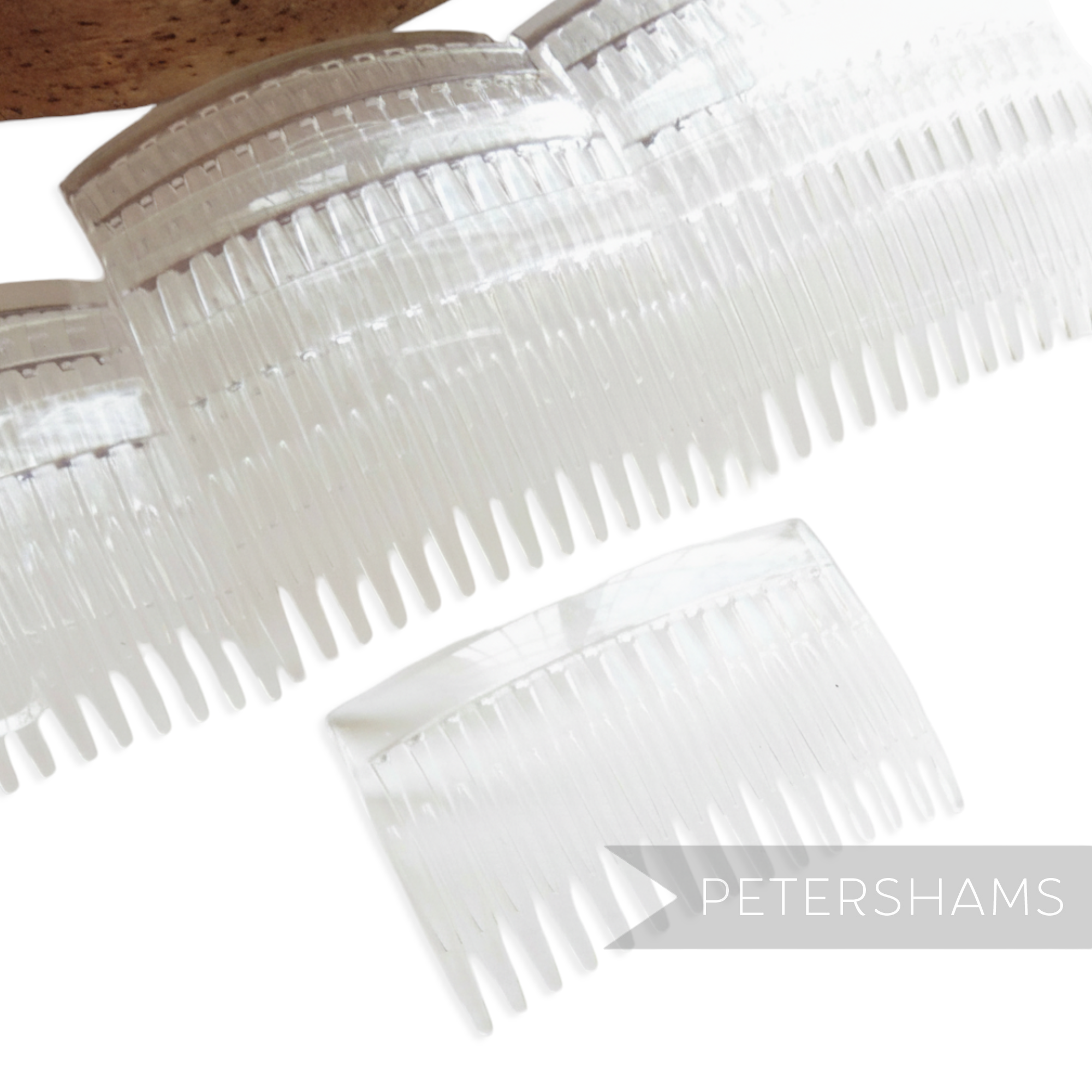 Petershams clear plastic 7cm hair combs, ideal for millinery and veils.