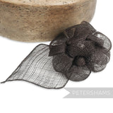 Petershams Millinery Supplies dark chocolate brown sinamay triple flower hat mount with leaf backing.