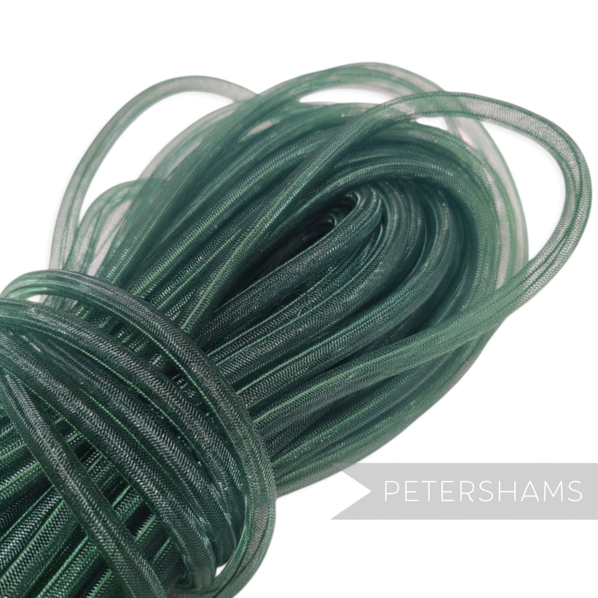 Petershams dark green 8mm tube millinery crinoline trim, ideal for hat making and decorative accents.