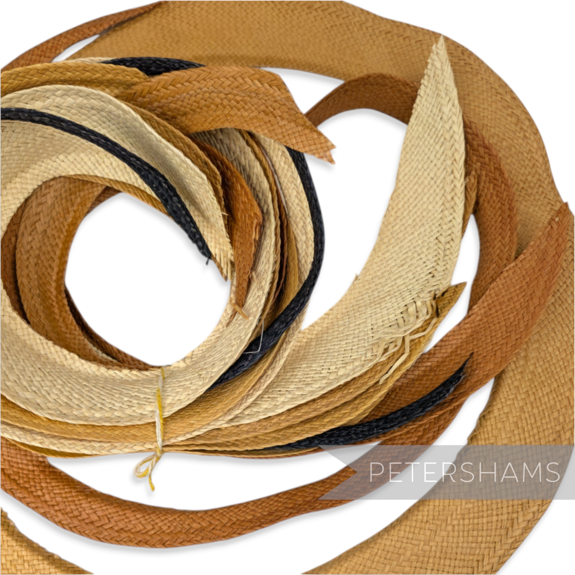 Petershams Millinery Supplies Ecuador Panama straw brim offcuts in natural, tan, and navy tones. Ideal for hat trims.