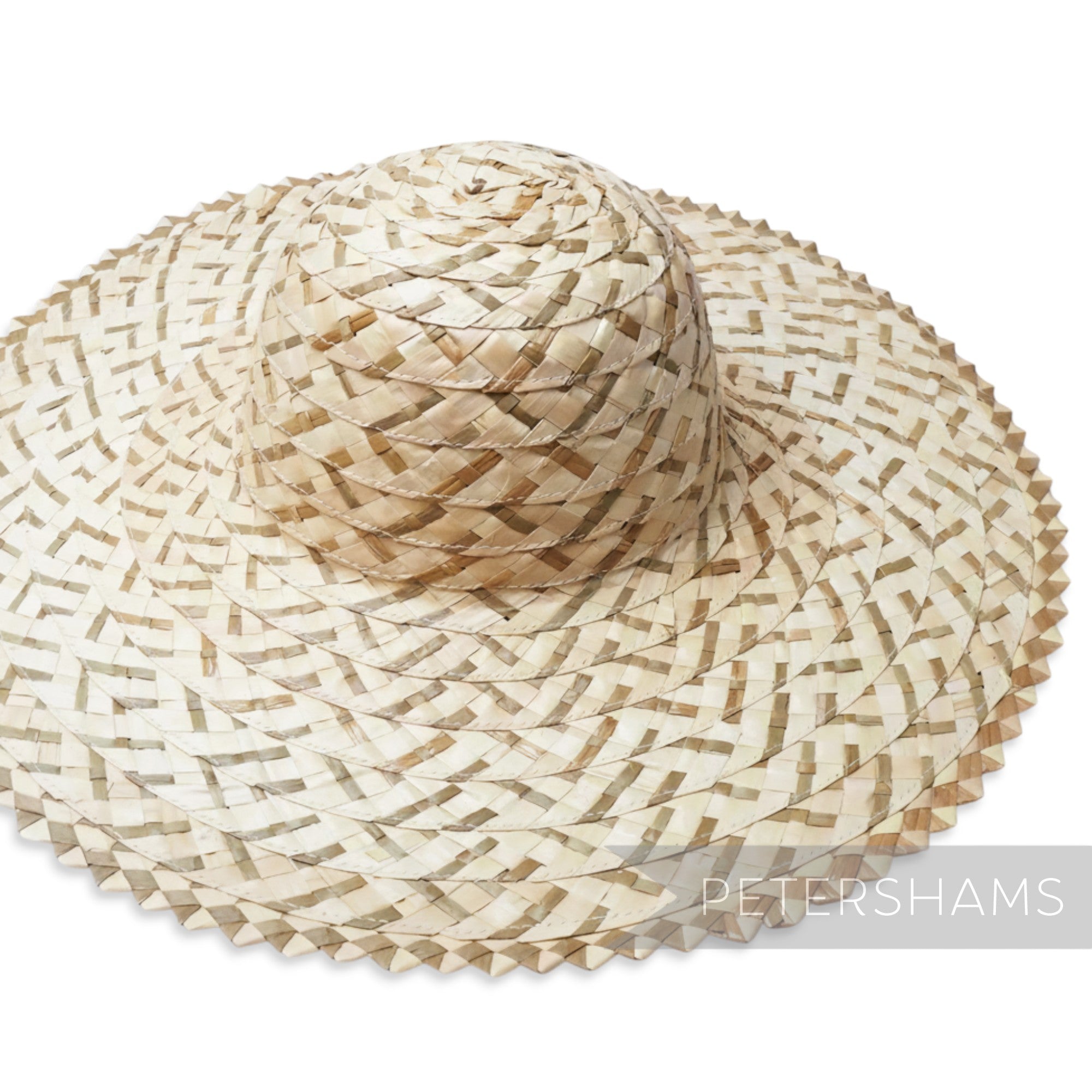 Petershams 'Emmy' natural multitone strip straw capeline hat body with decorative edge and 12-inch brim.