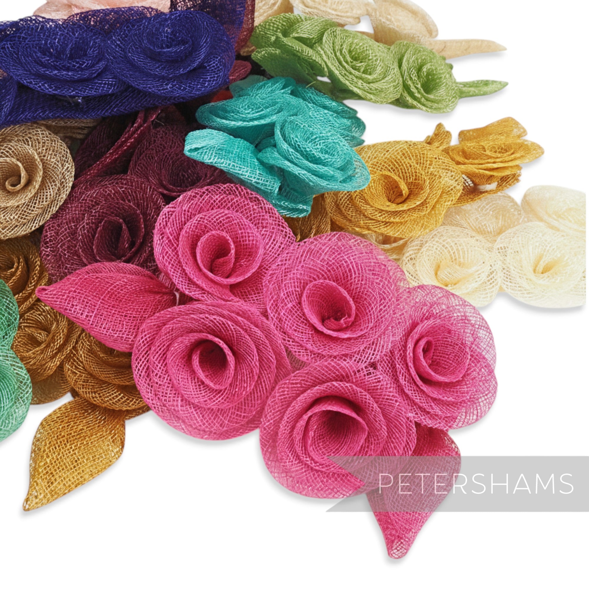 Petershams Millinery Supplies 'Florence' sinamay mount with five flowers and leaves in various colours. Made from sinamay abaca fabric.