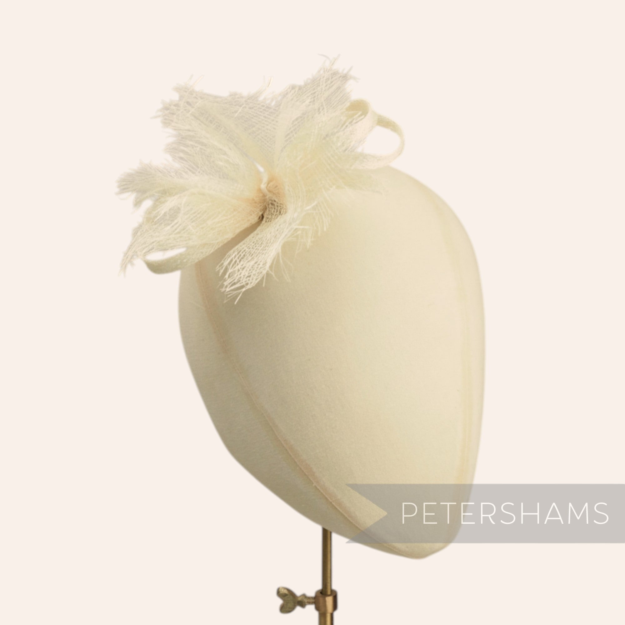 Petershams 'Freya' cream sinamay flower trim with frayed edges and bow detail, 14cm wide.