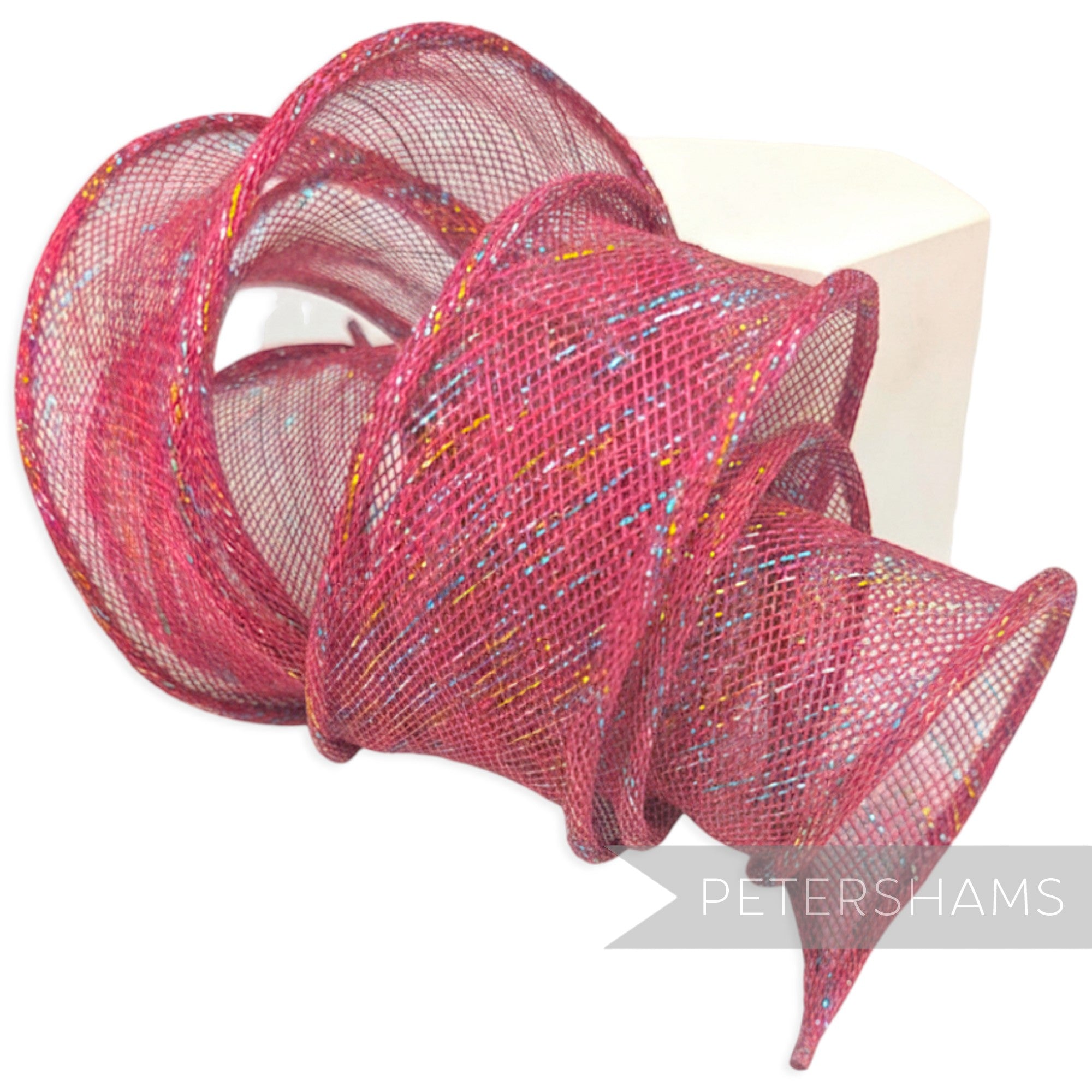 Petershams Millinery Supplies fuchsia lurex sinamay ribbon trim with rainbow metallic threads, hand-rolled edges.