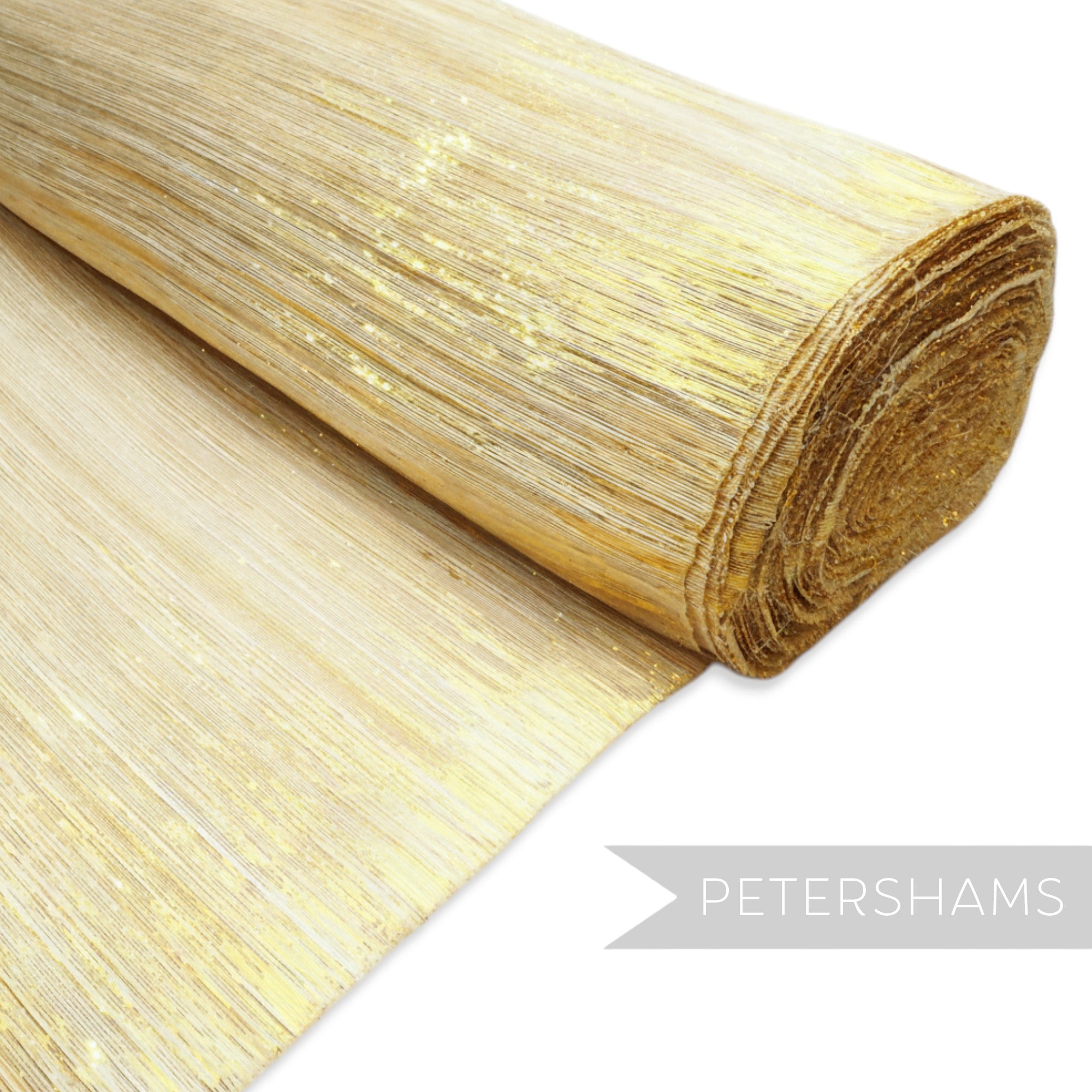 Petershams gold lurex threaded silk abaca fabric with a shiny, wavy weave. Ideal for millinery and crafts.