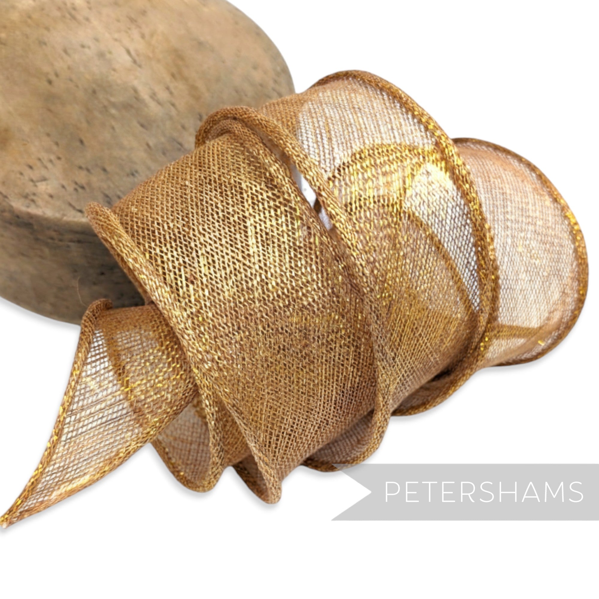 Petershams Millinery Supplies gold metallic lurex sinamay ribbon trim with hand-rolled edges, perfect for hat making.