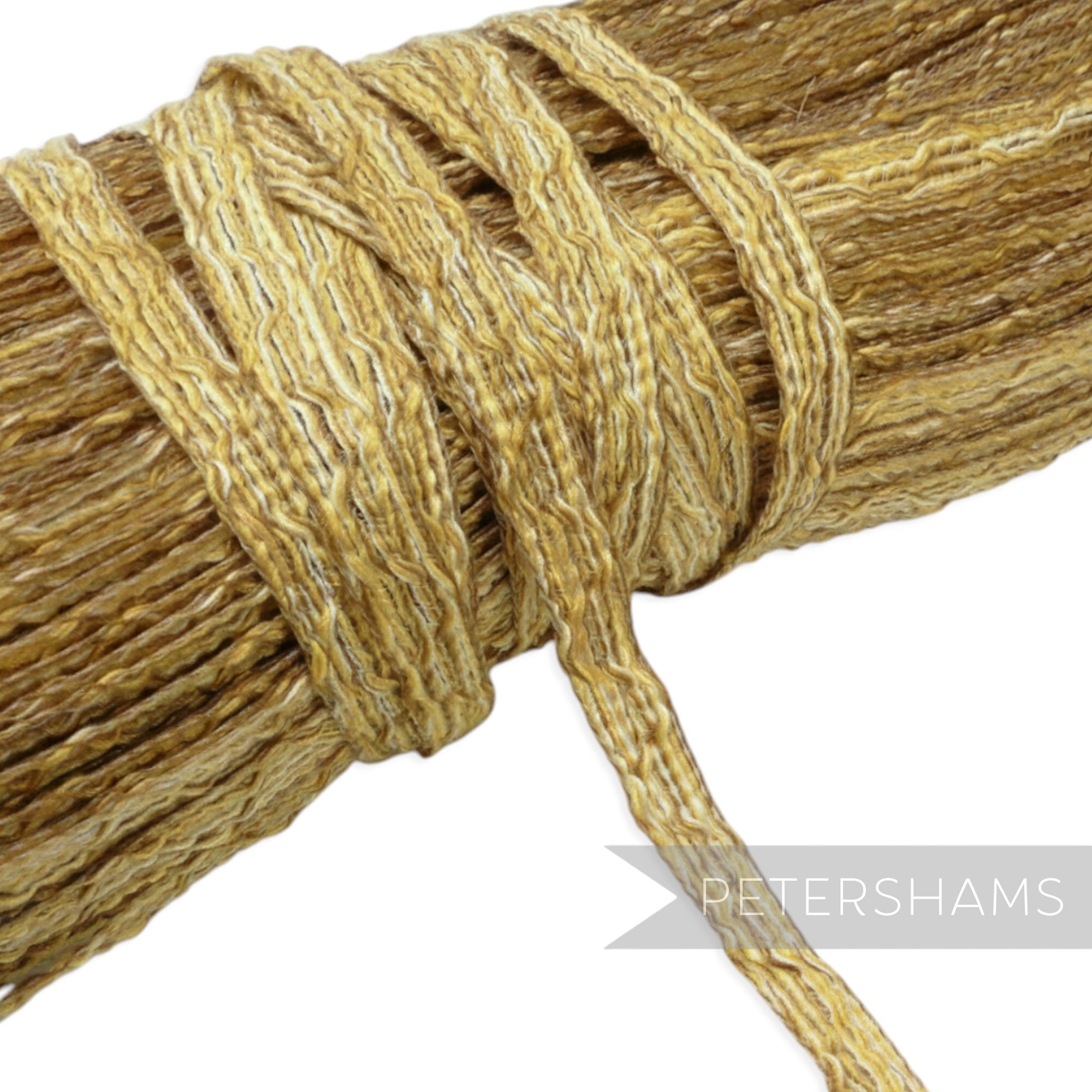Petershams 14mm gold and white threaded crinoline braid with a raised zig-zag surface pattern, ideal for millinery.