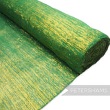 Petershams Millinery Supplies emerald green polyester abaca fabric with gold lurex threads, ideal for headpieces.