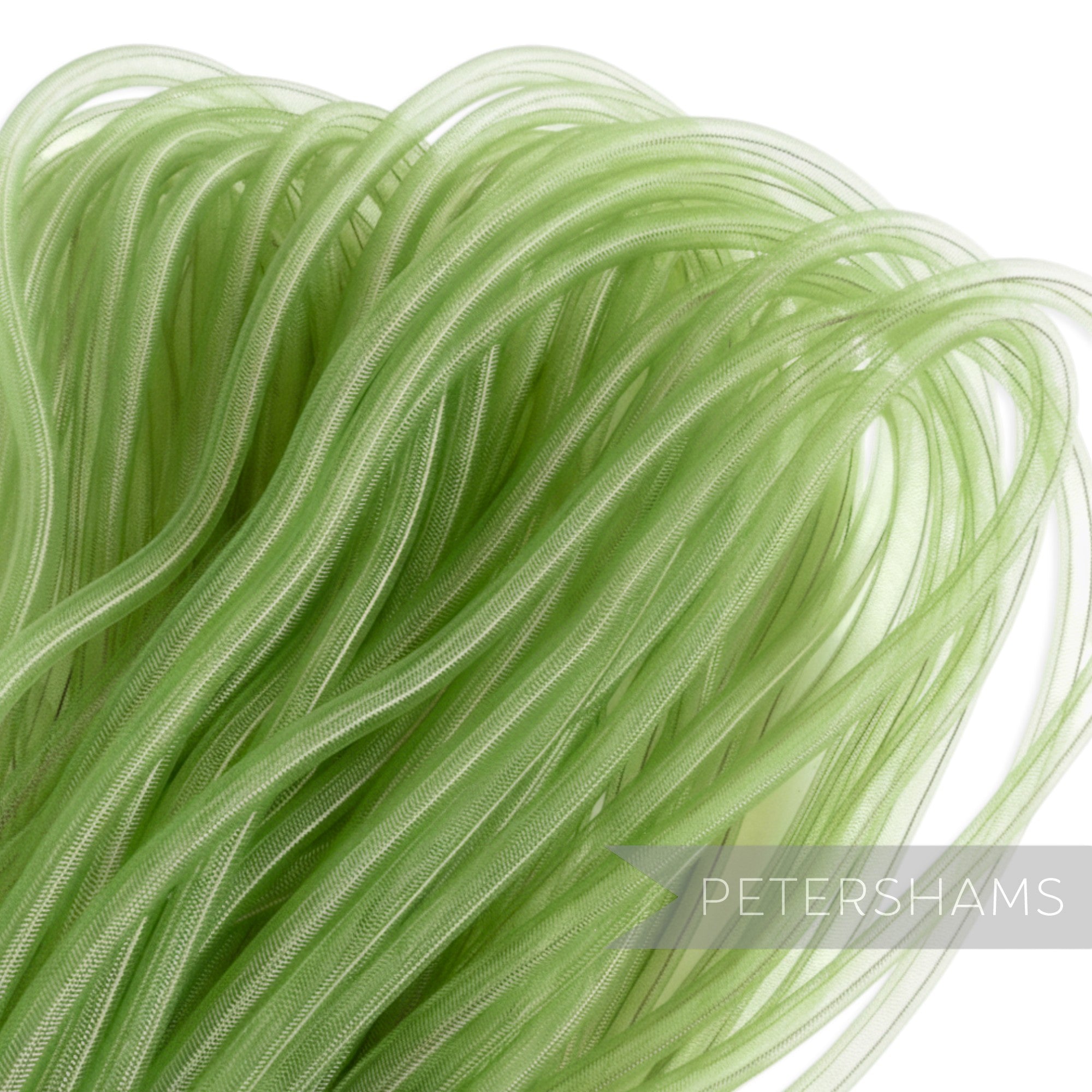 Petershams light green 8mm tube millinery crin, a sheer mesh trim with gathered threads, ideal for hat making and decorative trims.