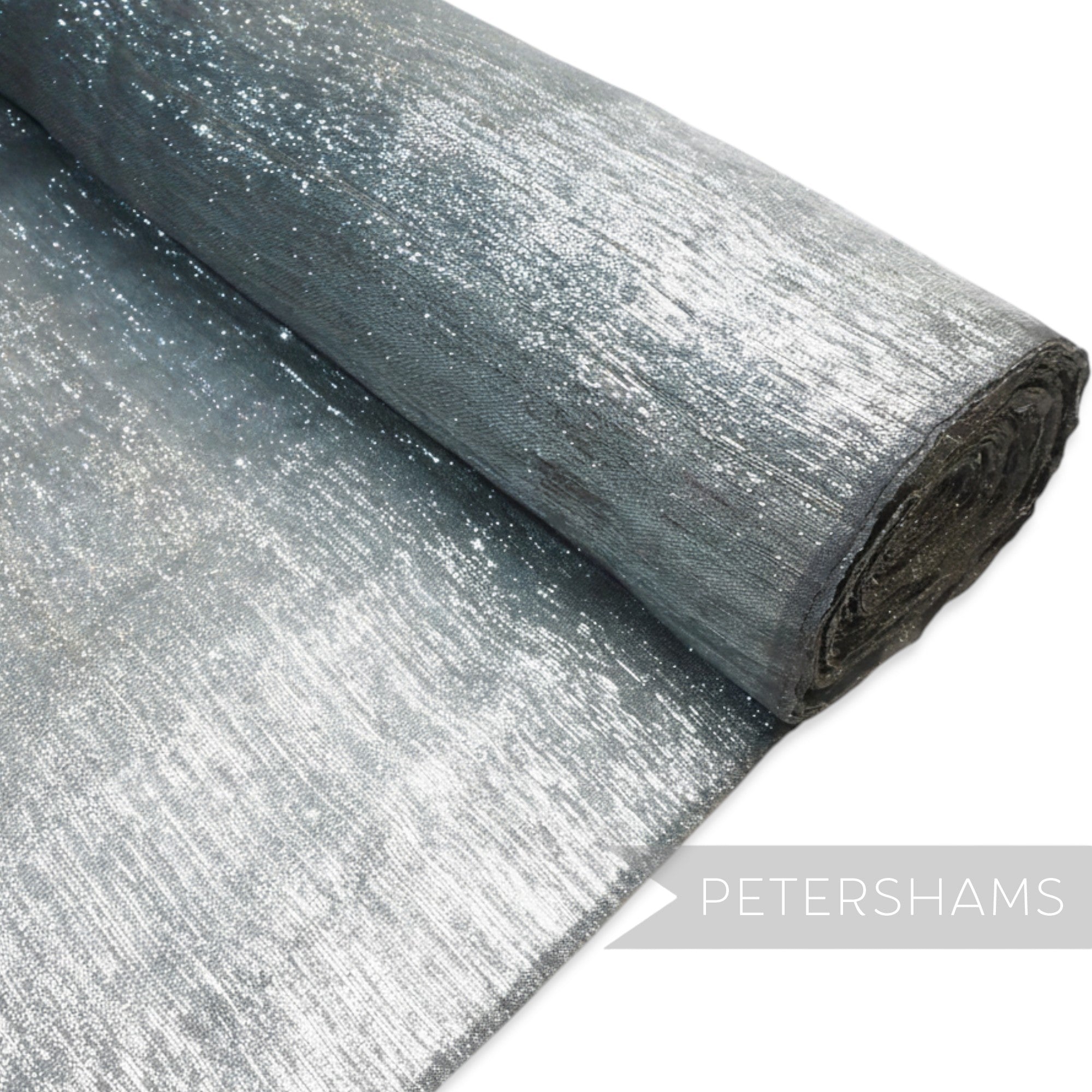 Petershams Millinery Supplies grey lurex threaded polyester abaca fabric with a rustic, slightly sheer finish and wavy threading.
