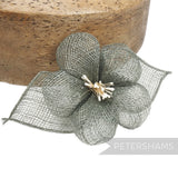 Petershams Millinery Supplies grey sinamay hibiscus flower hat mount with rolled leaves and stamens.