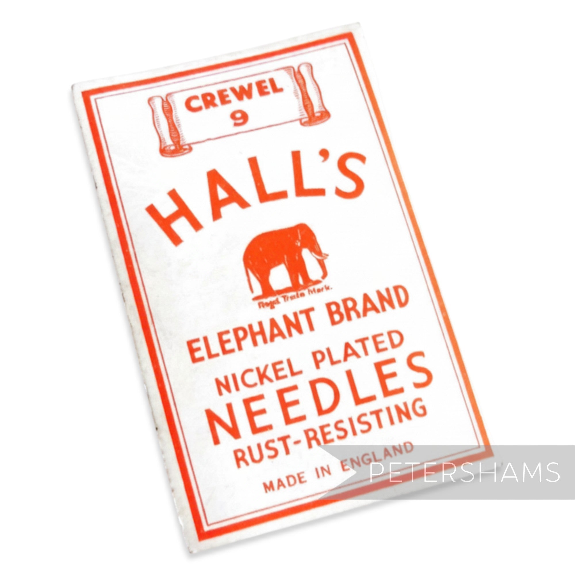 Petershams Millinery Supplies vintage Hall's Elephant Brand Crewel 9 nickel plated rust-resisting sewing needles.