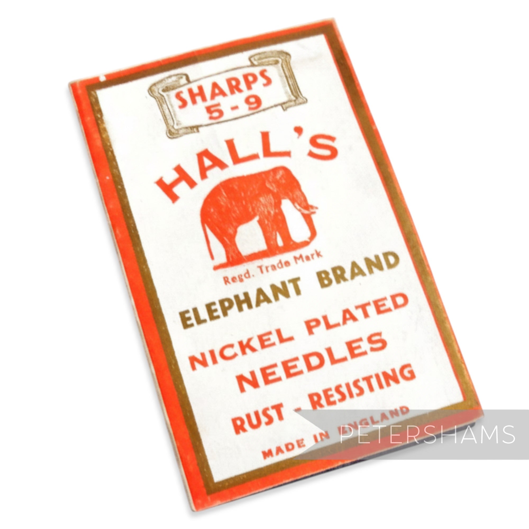 Petershams Millinery Supplies vintage Hall's Elephant Brand nickel plated sewing needles, size 5-9, rust-resisting.