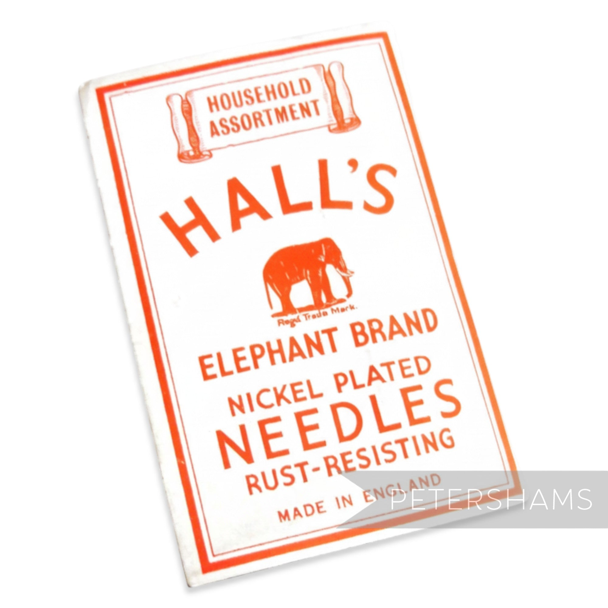 Petershams Millinery Supplies vintage Hall's Elephant Brand nickel plated rust-resisting sewing needles pack, made in England.