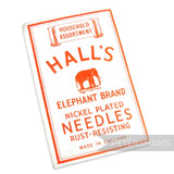 Petershams Millinery Supplies vintage Hall's Elephant Brand nickel plated rust-resisting sewing needles pack, made in England.