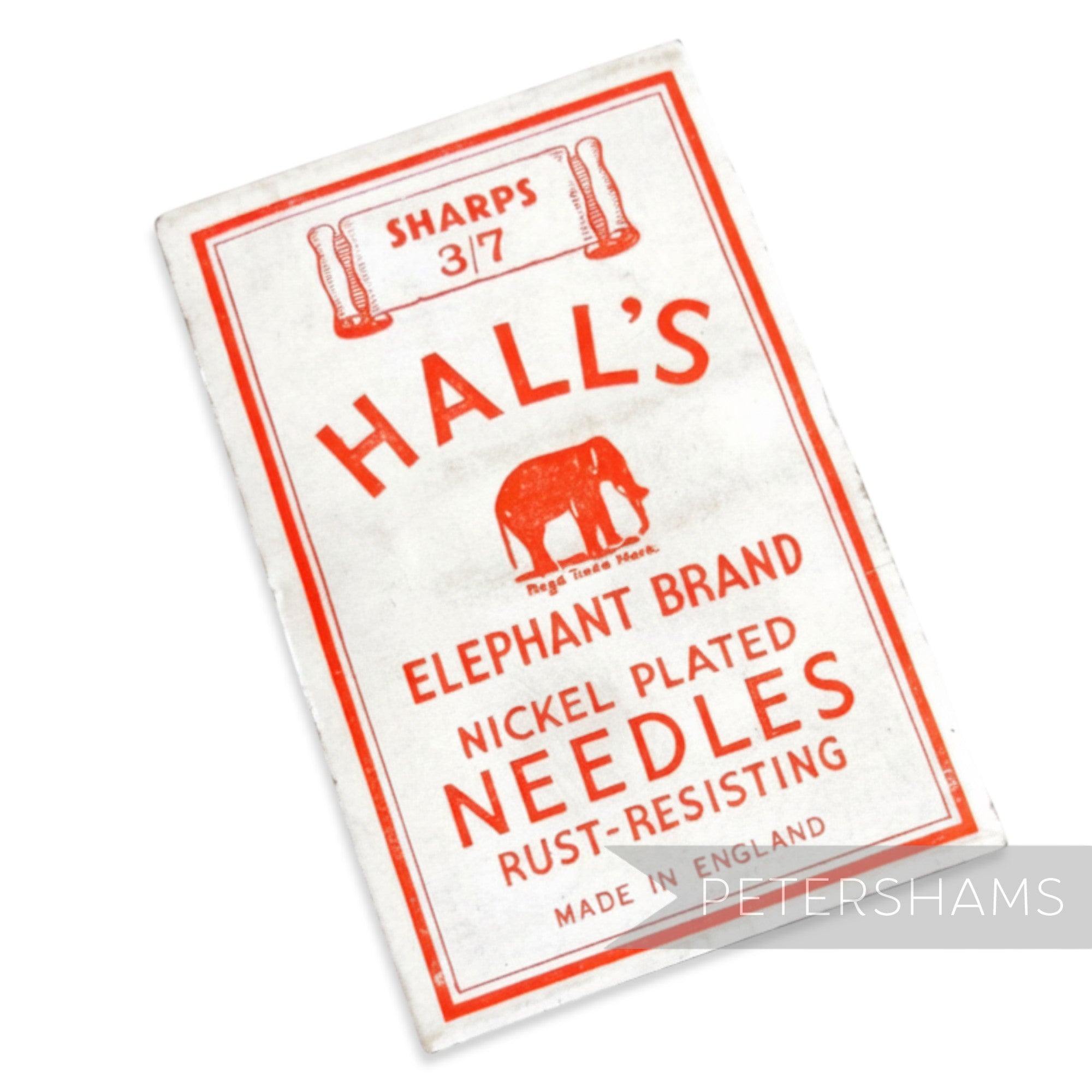 Petershams Millinery Supplies vintage Hall's Elephant Brand nickel plated rust-resisting sewing needles, size Sharps 3/7.