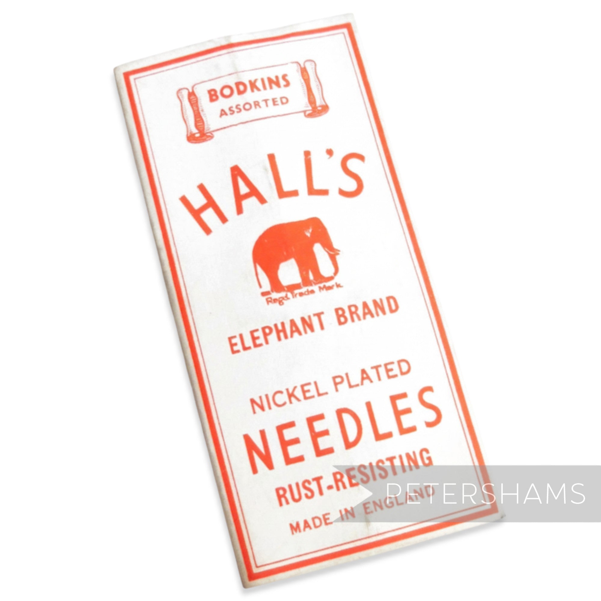 Petershams Millinery Supplies vintage Hall's Elephant Brand nickel plated rust-resisting sewing needles and bodkins pack, made in England.