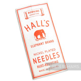 Petershams Millinery Supplies vintage Hall's Elephant Brand nickel plated rust-resisting sewing needles and bodkins pack, made in England.