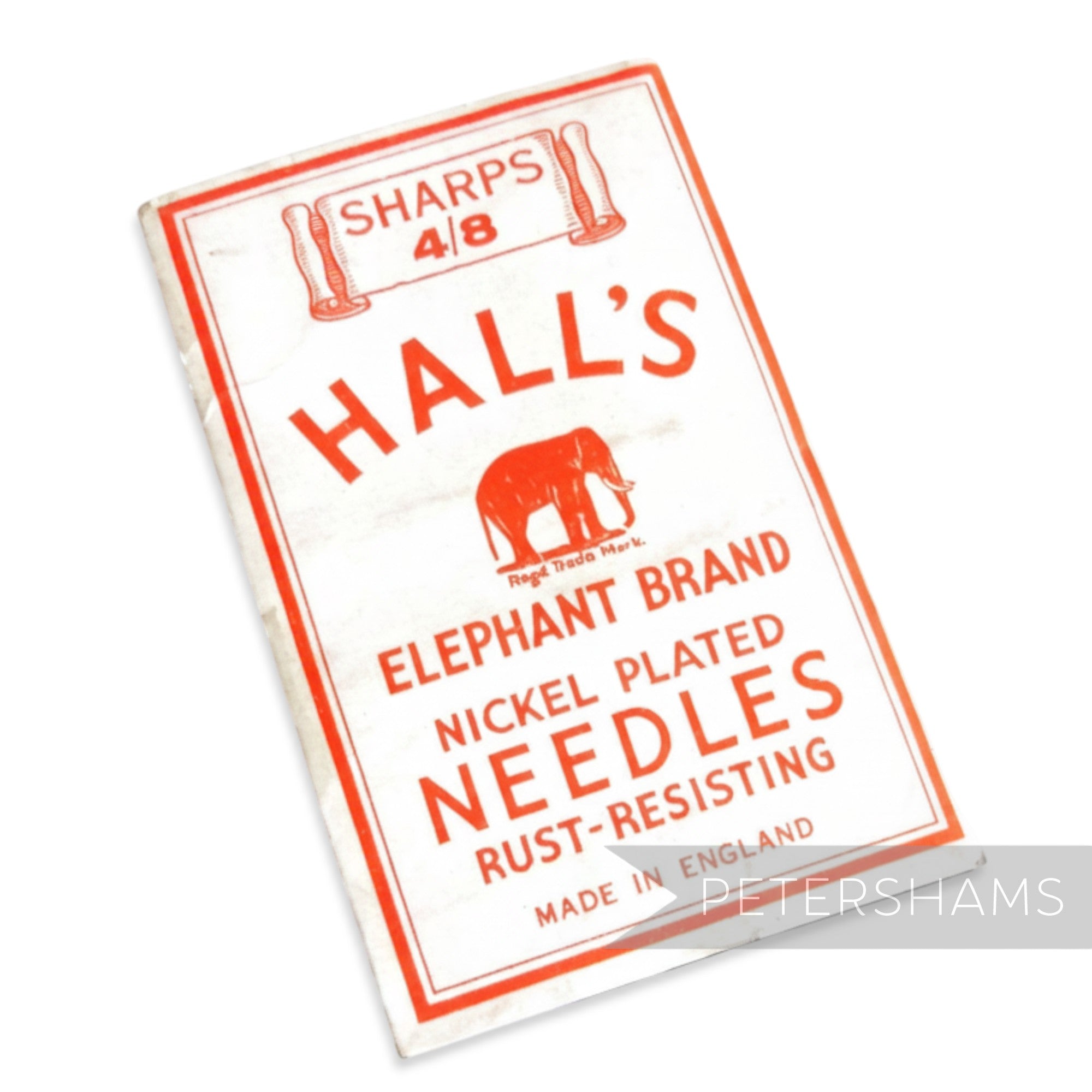 Petershams Millinery Supplies vintage Halls Elephant Brand nickel plated rust-resisting sewing needles, size Sharps 4/8.