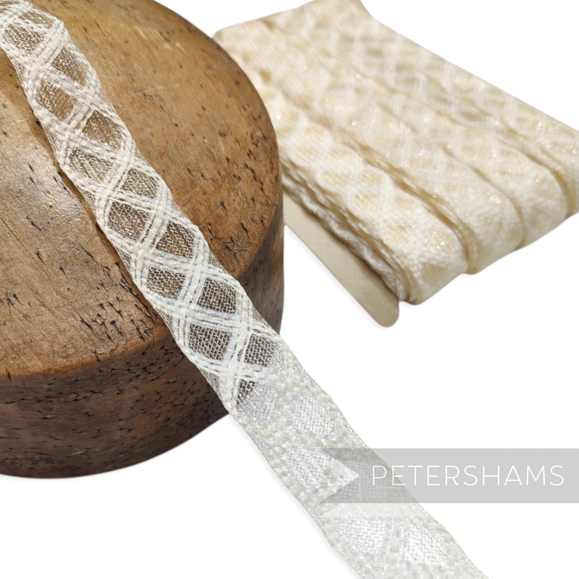 Petershams Millinery Supplies vintage ivory lattice crinoline trim, 22mm wide, perfect for hats and crafts.