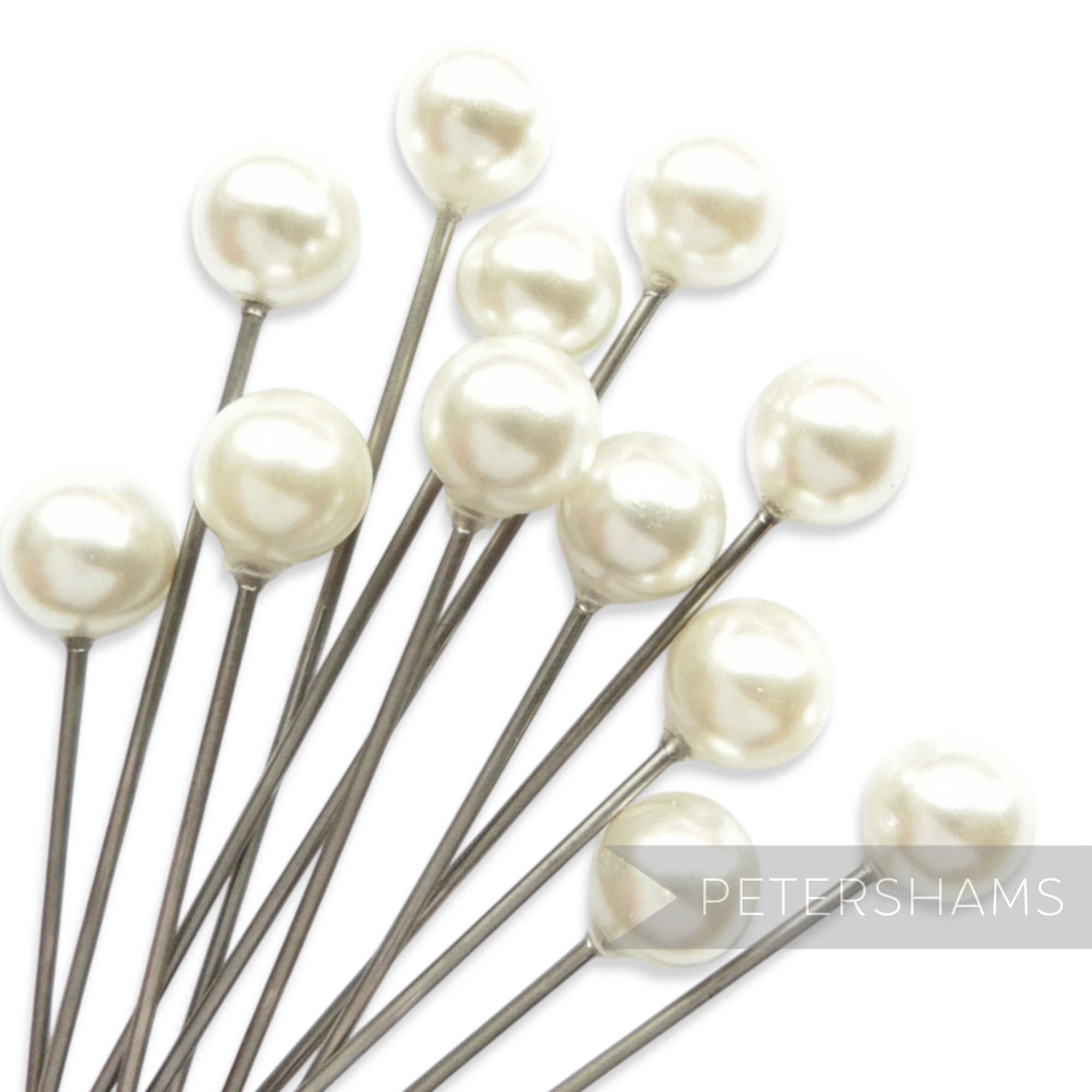 Petershams Millinery Supplies set of 12 ivory pearl beaded hat pins, 9cm long stainless steel with acrylic beads.