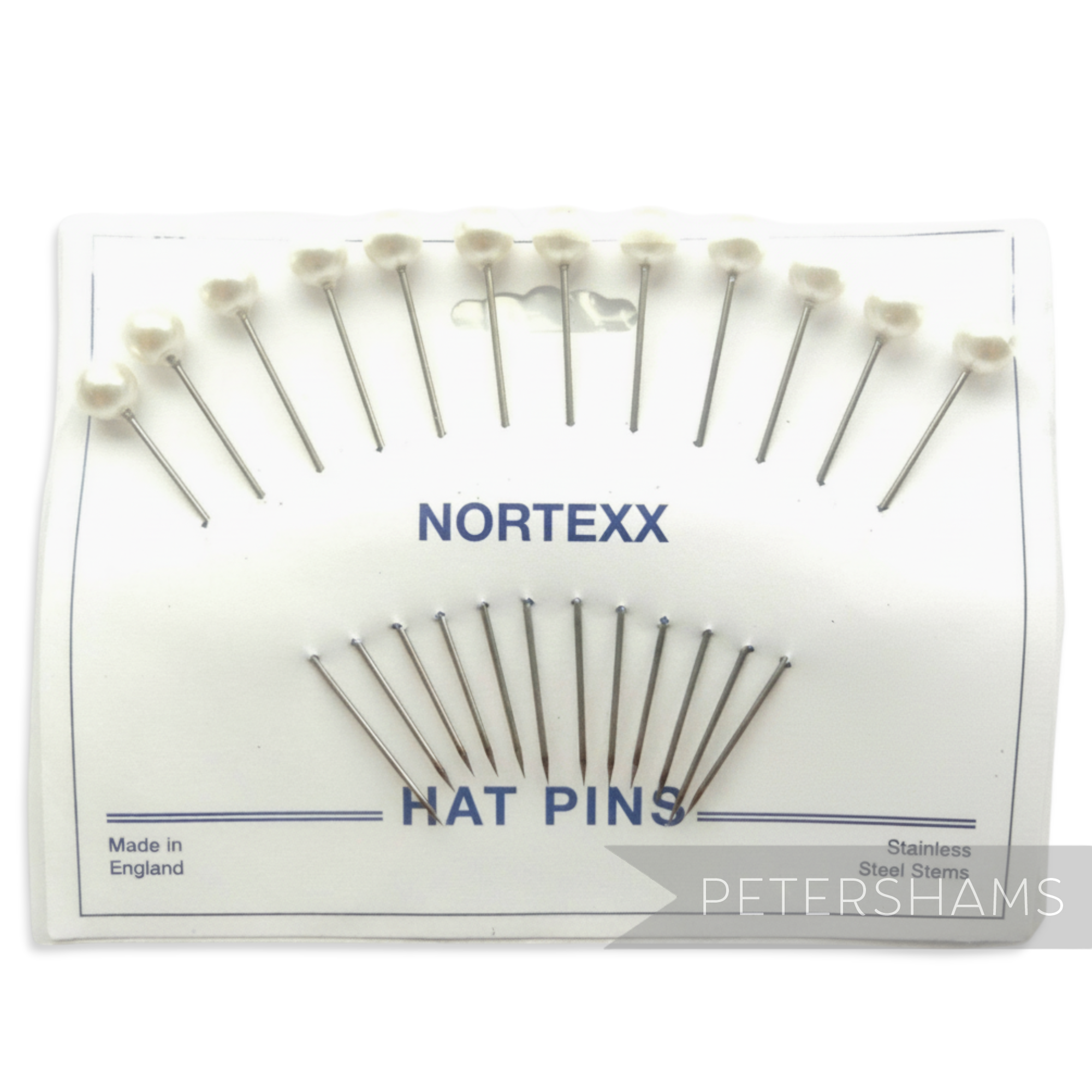 Petershams Millinery Supplies set of 12 ivory pearl beaded hat pins, 9cm long stainless steel stems.