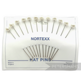 Petershams Millinery Supplies set of 12 ivory pearl beaded hat pins, 9cm long stainless steel stems.