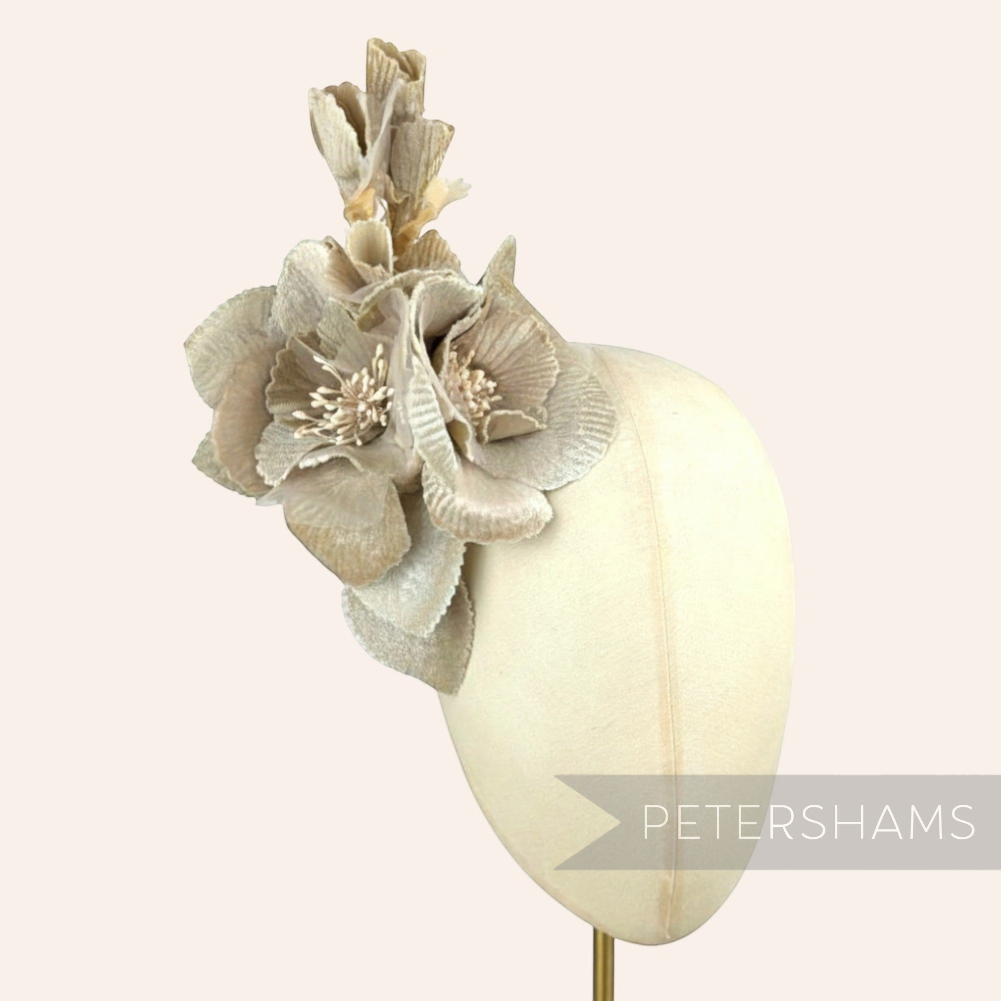 Petershams Millinery Supplies large ivory velvet and organza flower hat mount with intricate petal detail and wired leaves.
