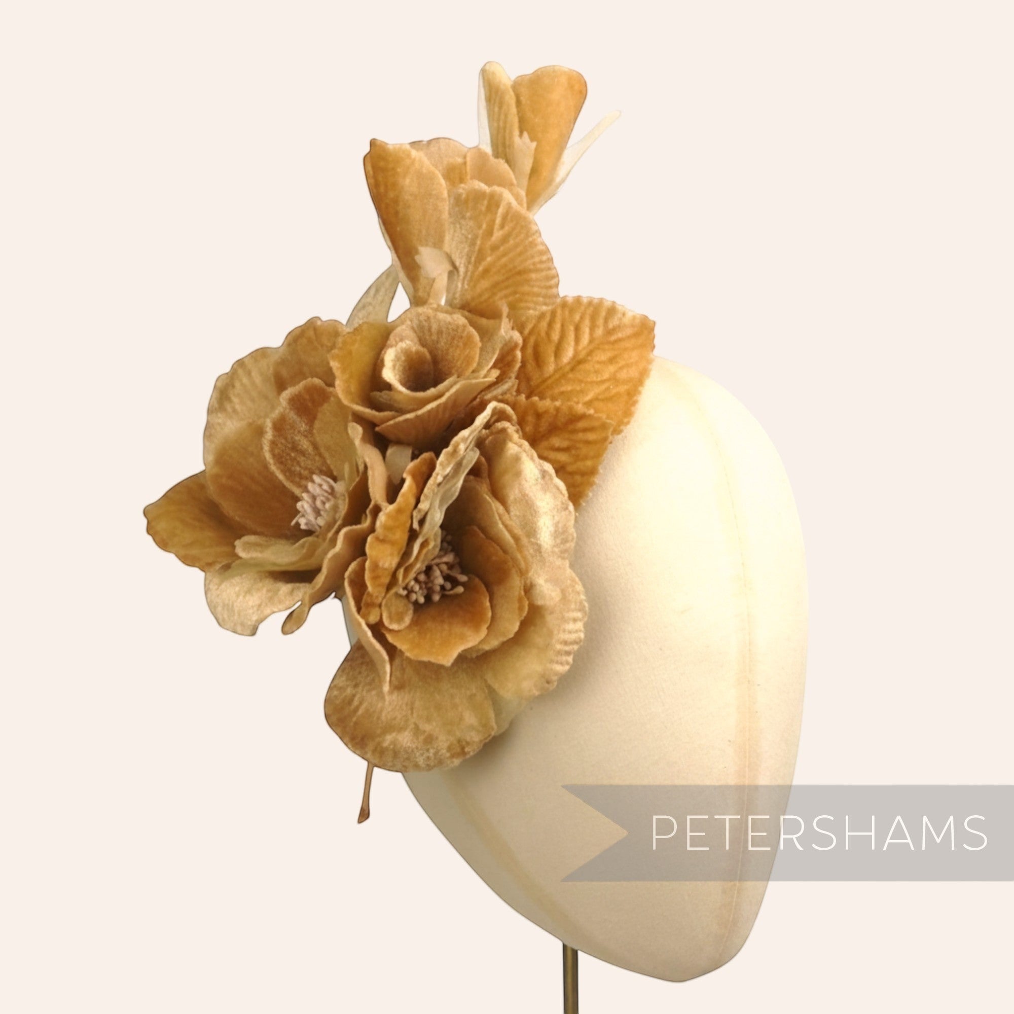 Petershams Millinery Supplies large ivory velvet and organza flower hat mount with detailed petals and wired leaves.