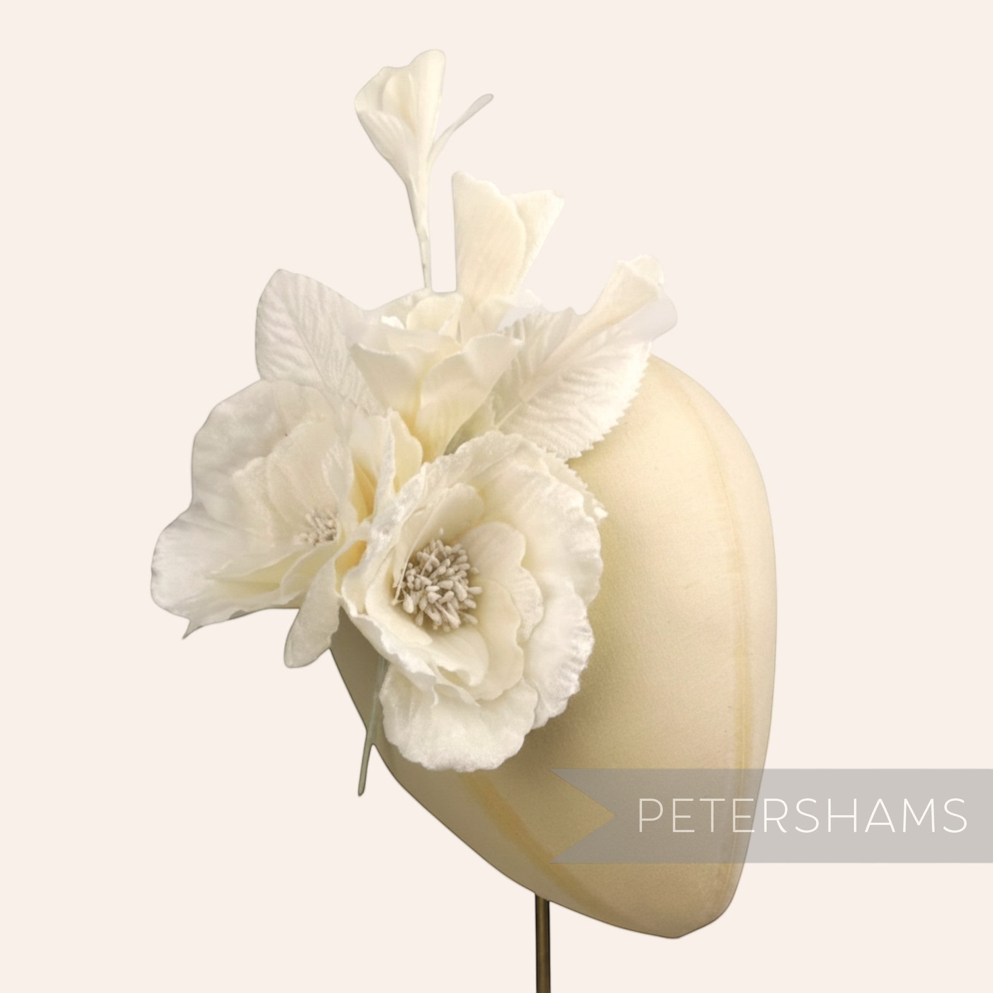 Petershams Millinery Supplies ivory velvet and organza flower hat mount with intricate petals and wired leaves, 20cm.