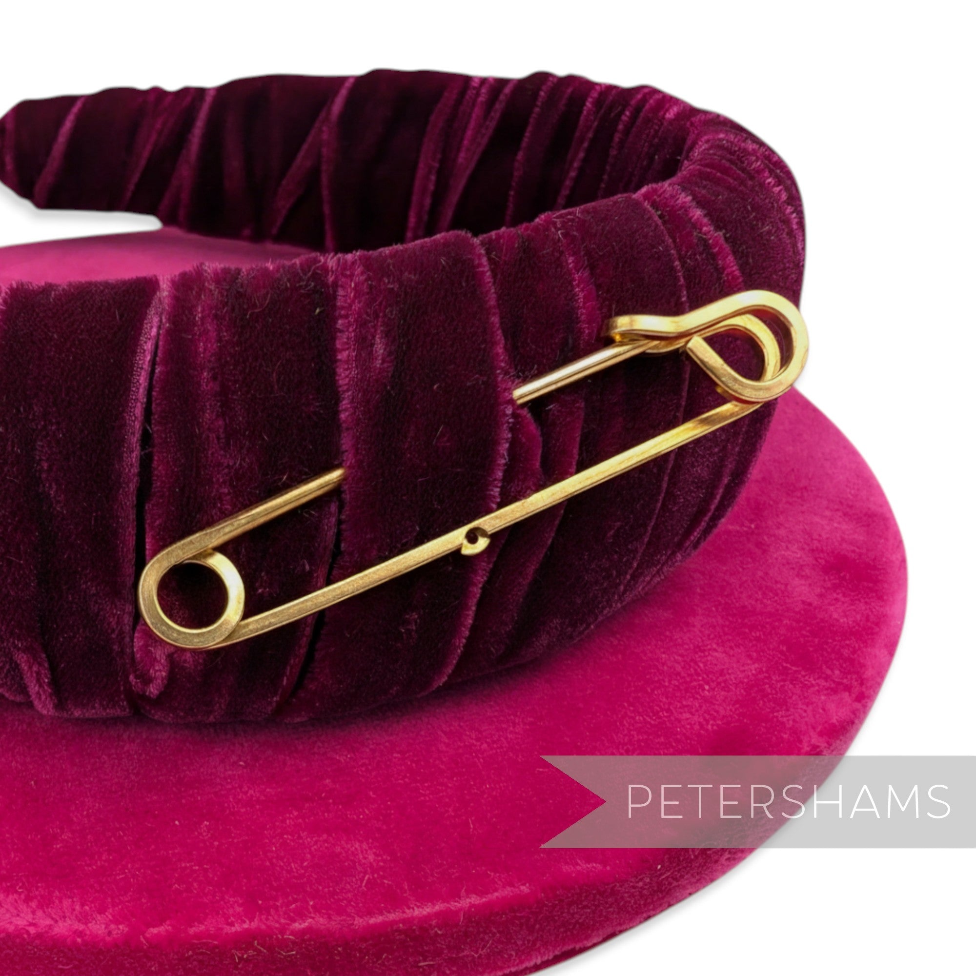 Petershams Millinery Supplies large gold plated brass safety pin, 63mm, with a single hole for embellishments.