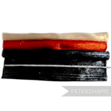 Petershams Millinery Supplies lurex threaded polyester abaca fabric in beige, red, and black. Ideal for headpieces.